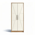 Modern storage cabinet with geometric design white finish and wood accents 75 x 40 x 180cm