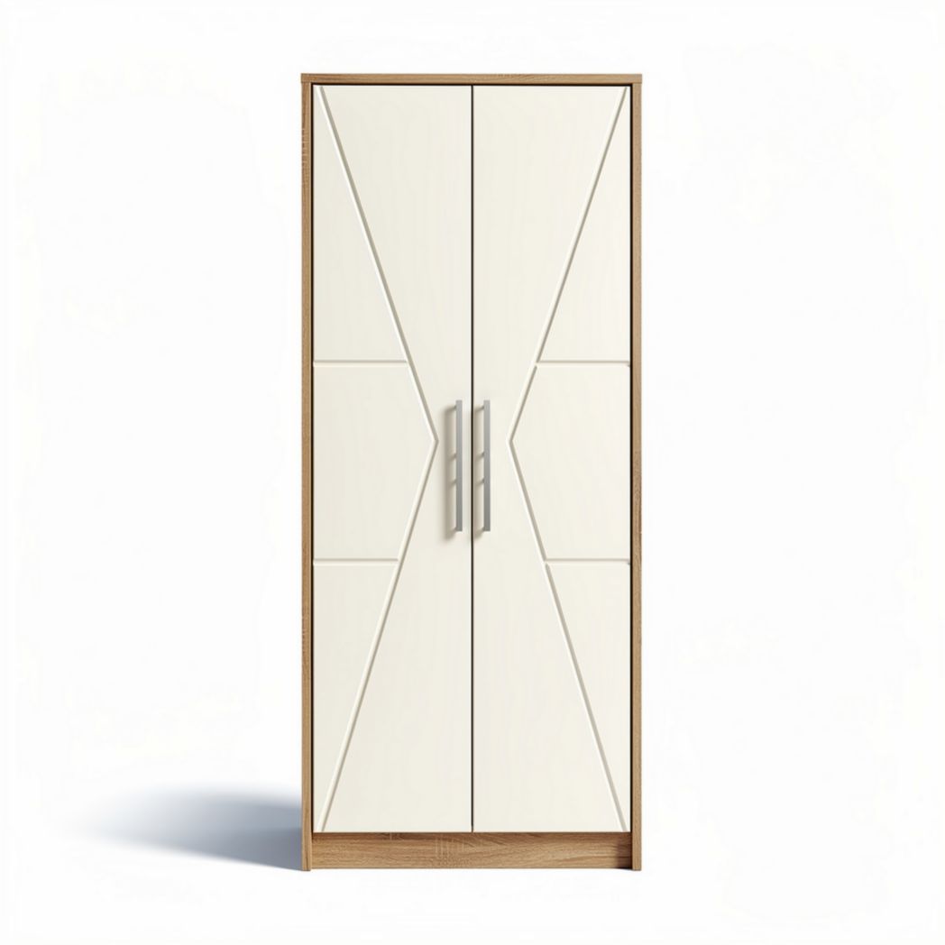 Modern storage cabinet with geometric design white finish and wood accents 75 x 40 x 180cm