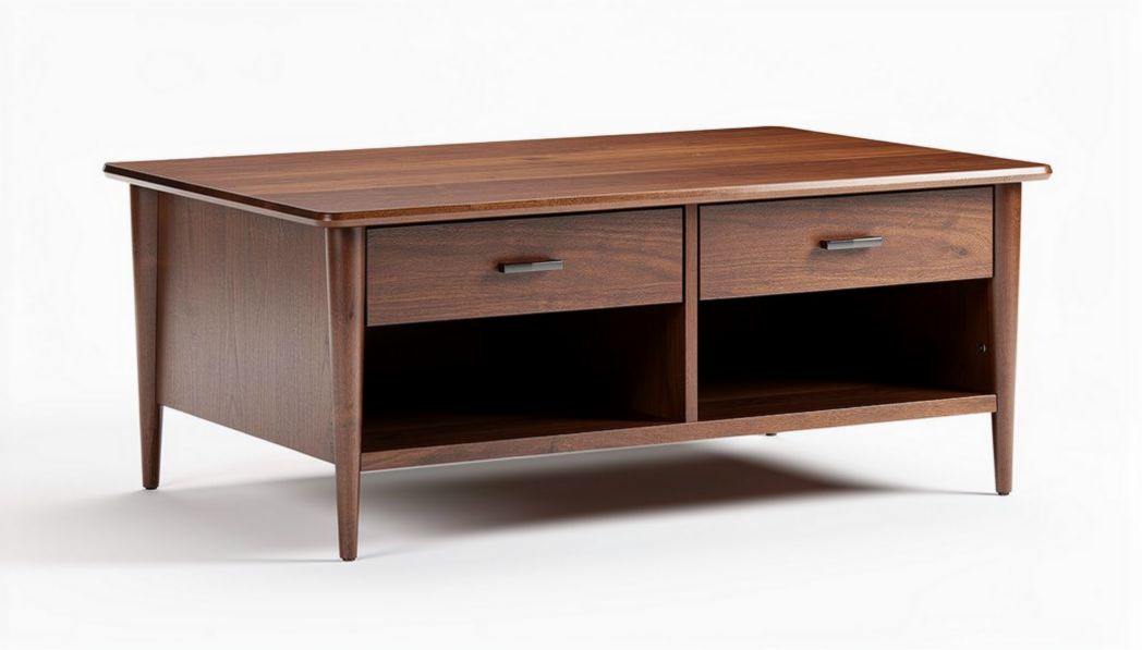 Walnut wood coffee table with two drawers and open storage space 120 x 60 x 45cm