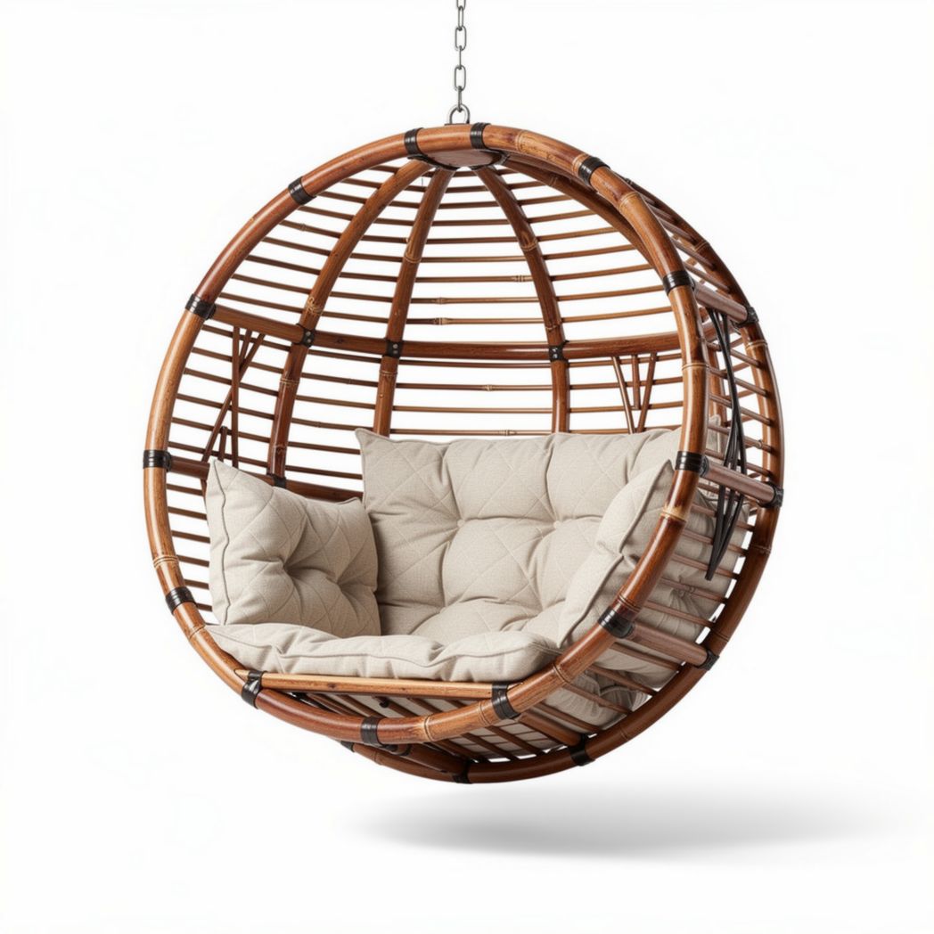 Hanging rattan egg chair with soft cushion for indoor and outdoor use