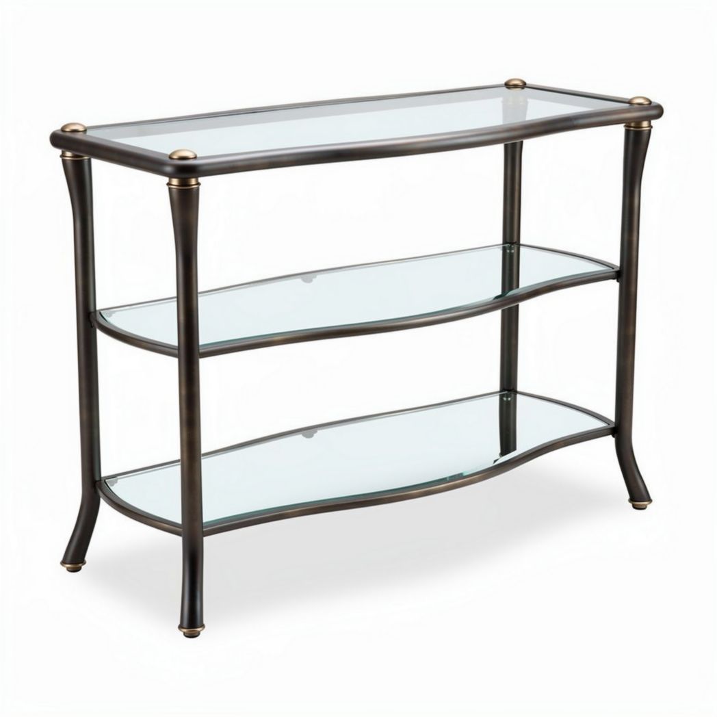 Glass top console table with metal frame two shelves 90 x 40 x 75cm