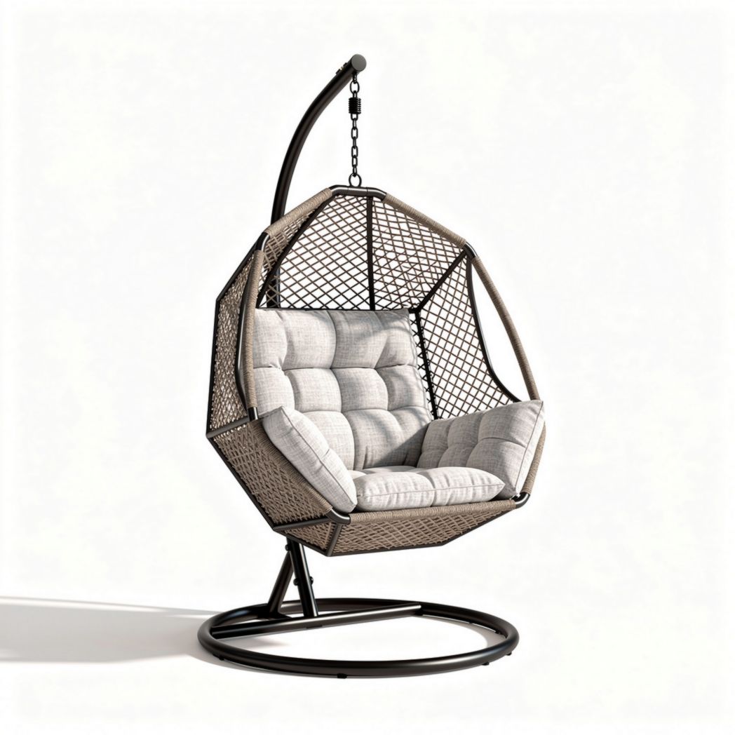Hanging rattan chair with soft cushion and steel frame for indoor outdoor use