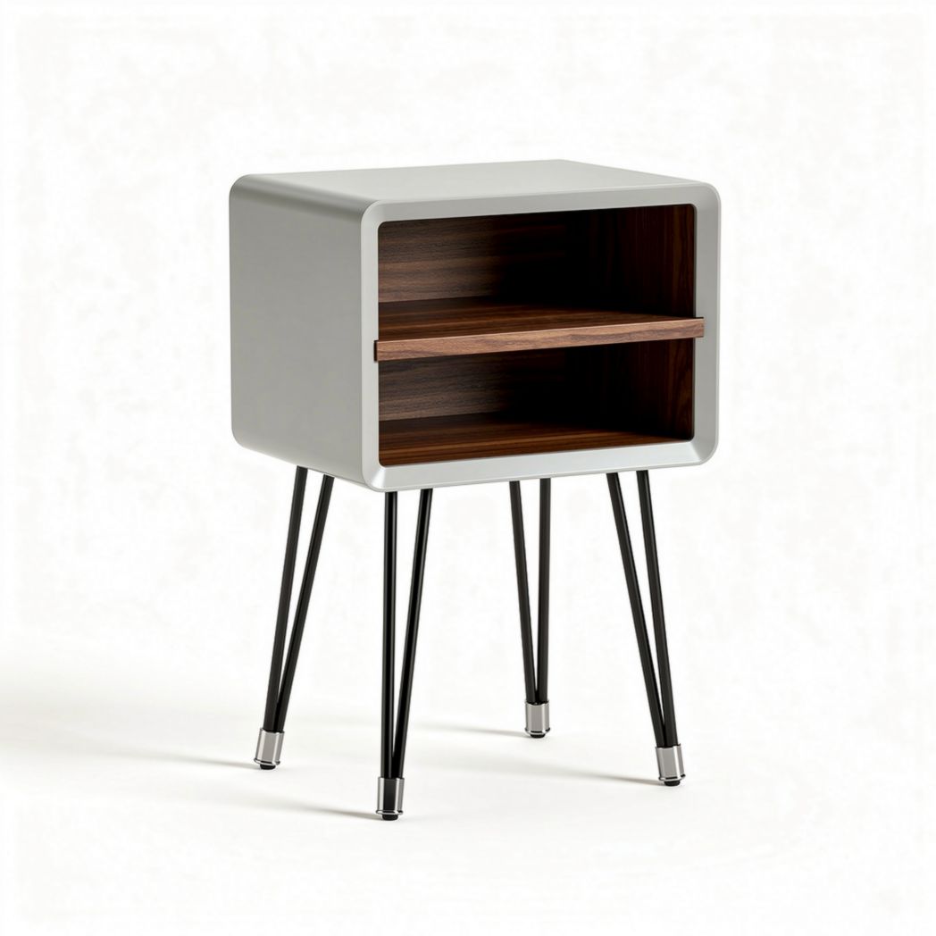 Modern bedside table with open storage shelf and black metal legs 45 x 40 x 50cm