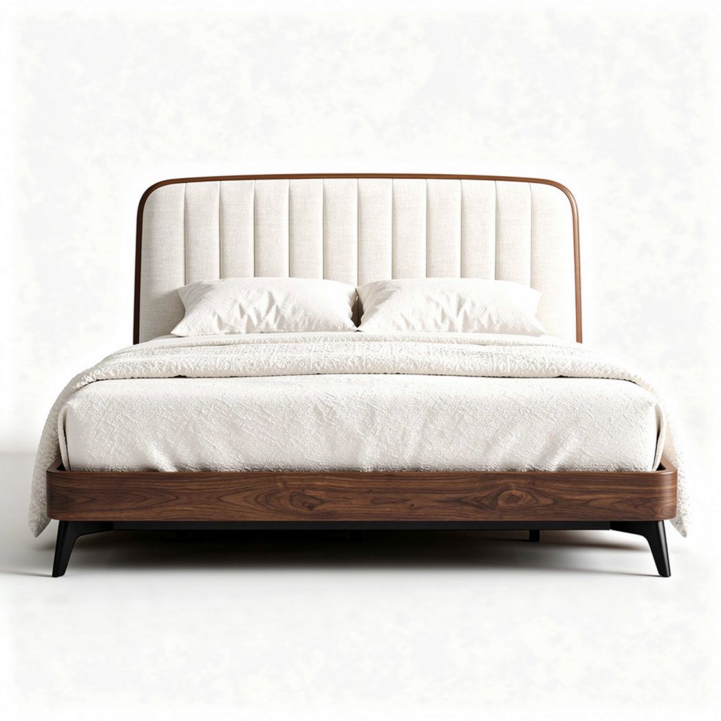 Upholstered bed frame with wooden base and headboard in cream color 210 x 180 x 100cm