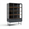 Modern black glass display cabinet with wooden shelves and two drawers 150 x 80 x 40cm