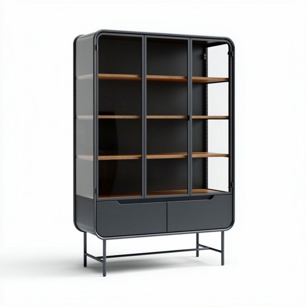 Modern black glass display cabinet with wooden shelves and two drawers 150 x 80 x 40cm