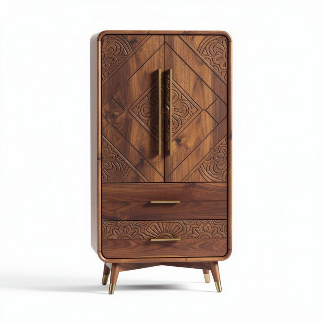 Wooden storage cabinet with intricate design featuring two drawers and brass handles 80 x 40 x 150cm