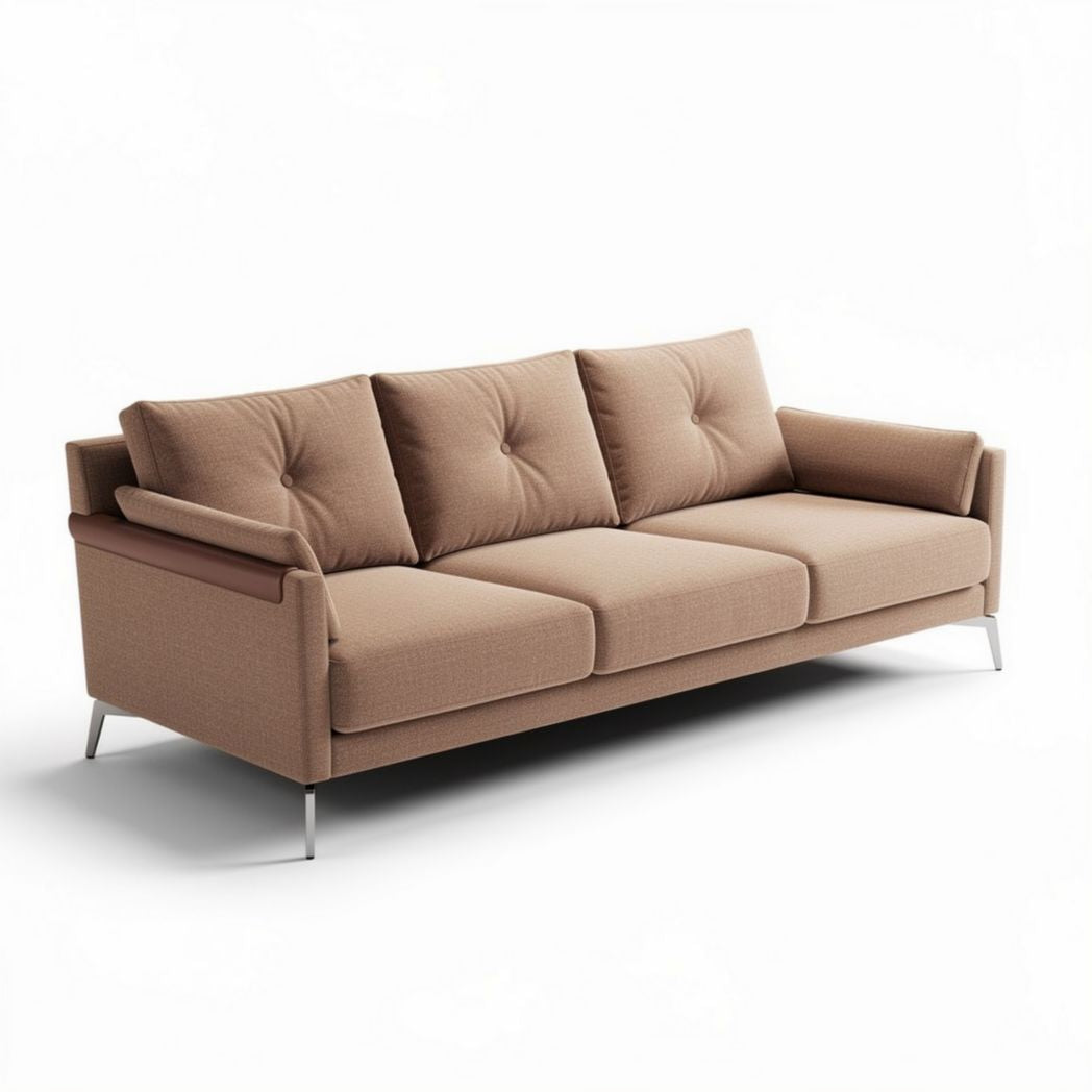Fabric three-seater sofa in beige with metal legs measuring 220 x 80 x 85cm