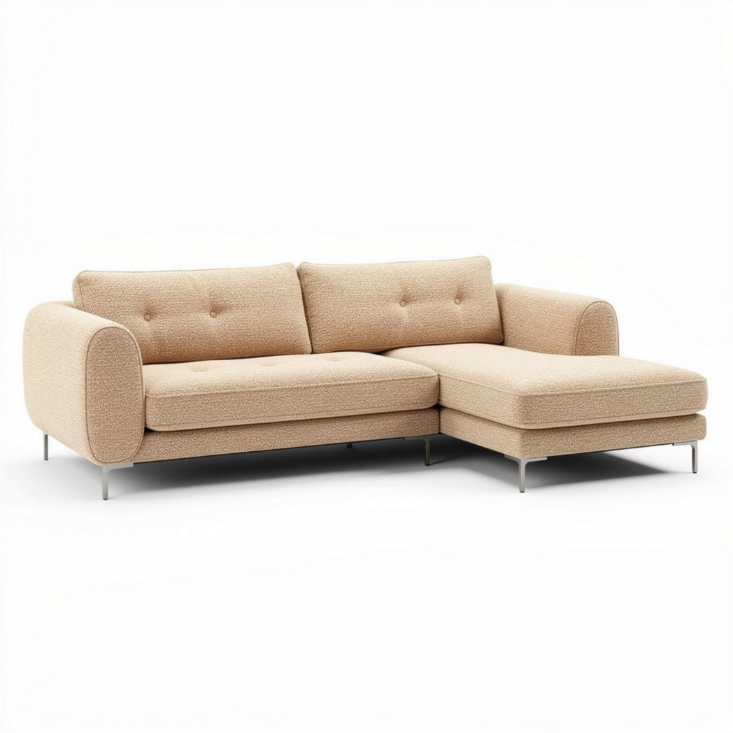 Beige fabric sectional sofa with chrome legs and adjustable chaise 200 x 90 x 85cm
