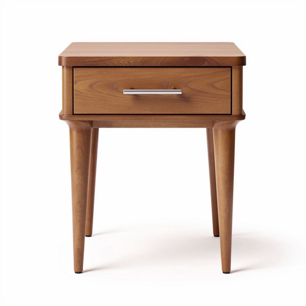 Wooden nightstand with one drawer and tapered legs in walnut finish